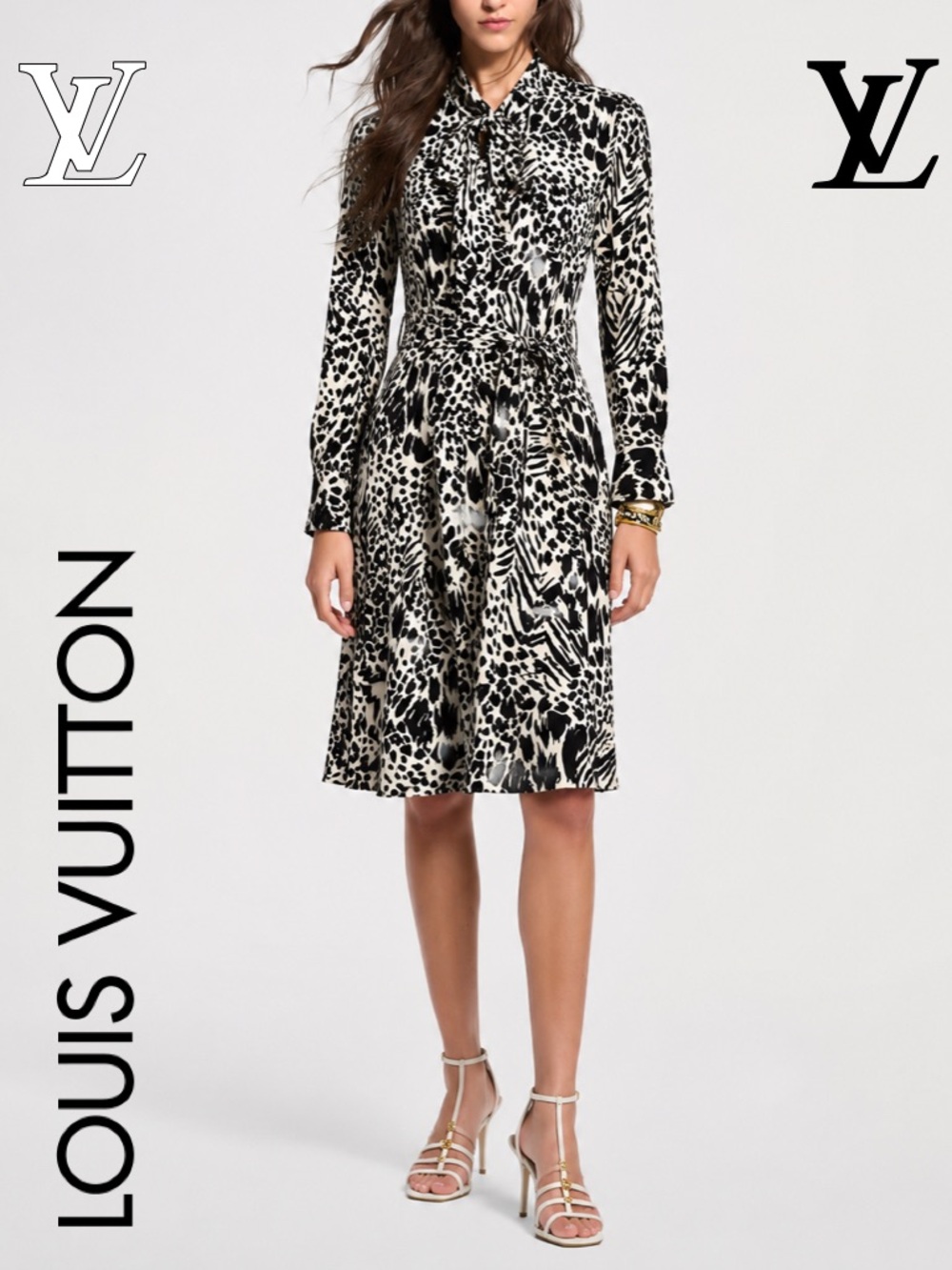 LOUIS VUITTON Ready-to-Wear B/W Animal Print, Long Sleeve Dress, 💯 Authentic